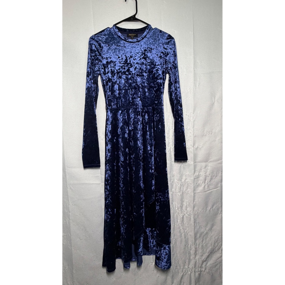 Juicy Couture Black Label Dress Navy Blue Crushed Velvet Long Sleeve Midi XS